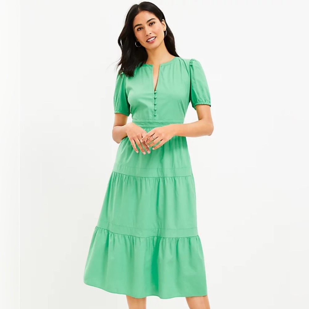LOFT puff sleeve tiered midi dress